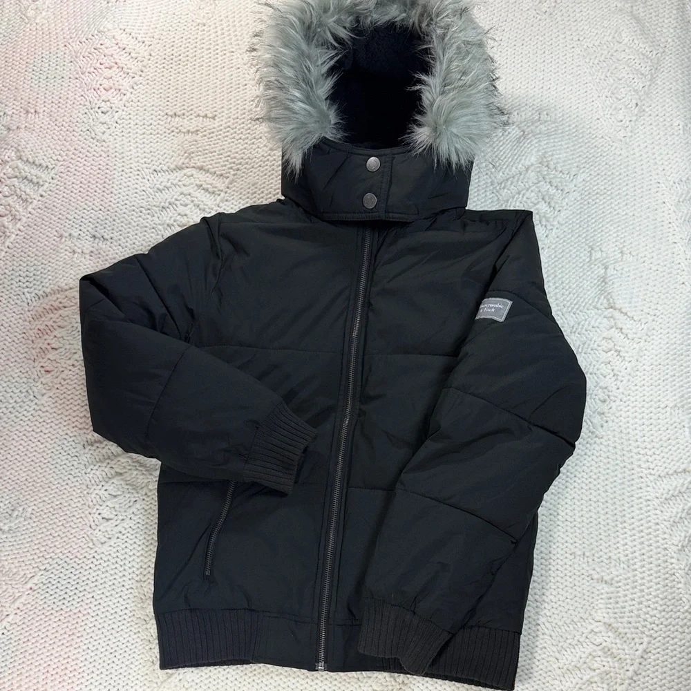 Abercrombie Kids Black Puffer Jacket with Removable Faux Fur Hood 13/14 - Picture 7 of 11